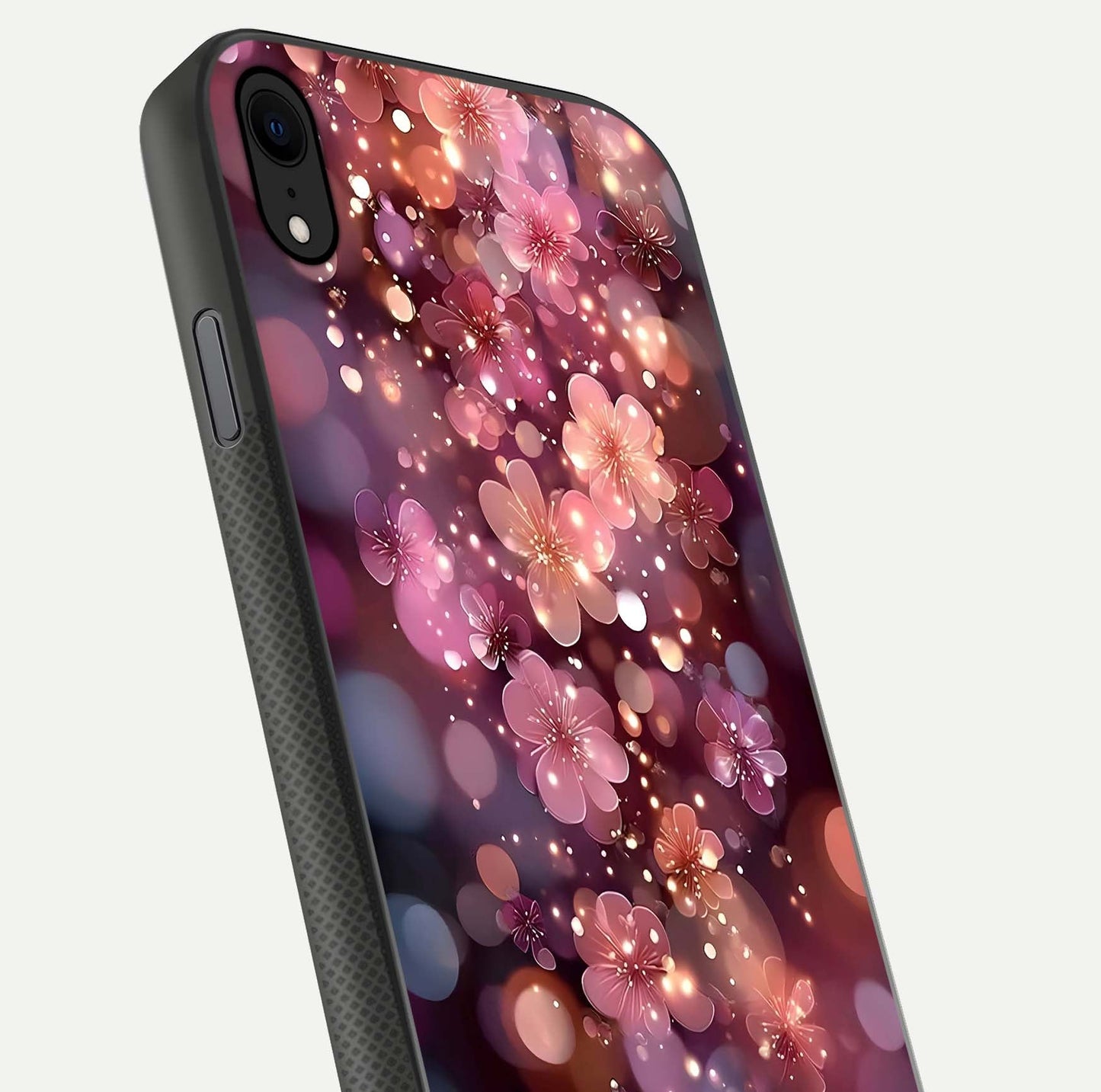 Glowing Petal Bliss Glass Case for iPhone Xr close-up angled shot showing petal glow, color depth, and reflection shine