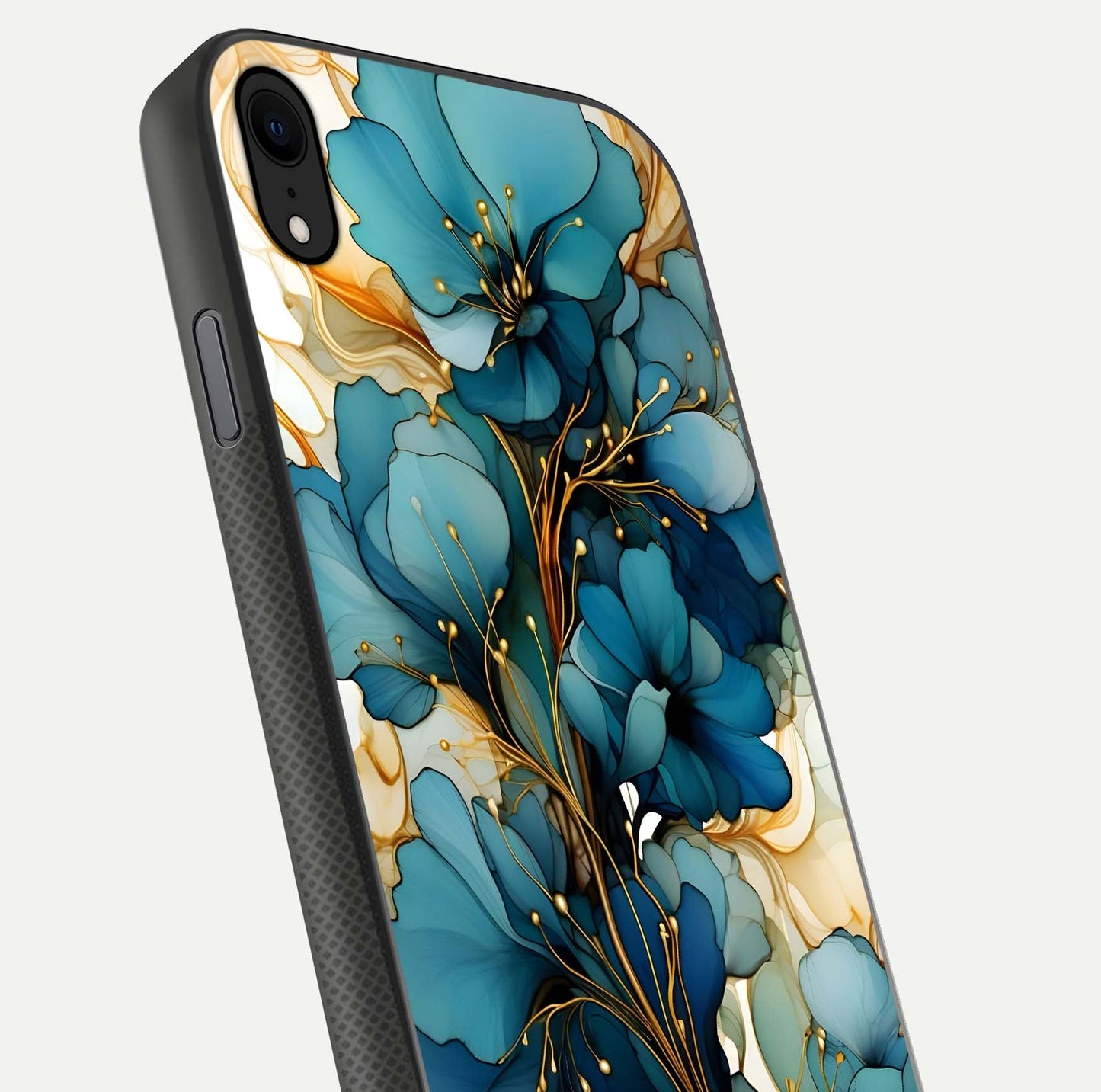 Golden Bloom Symphony Glass Case for iPhone Xr close-up angled shot showing detailed petals and metallic gold reflection