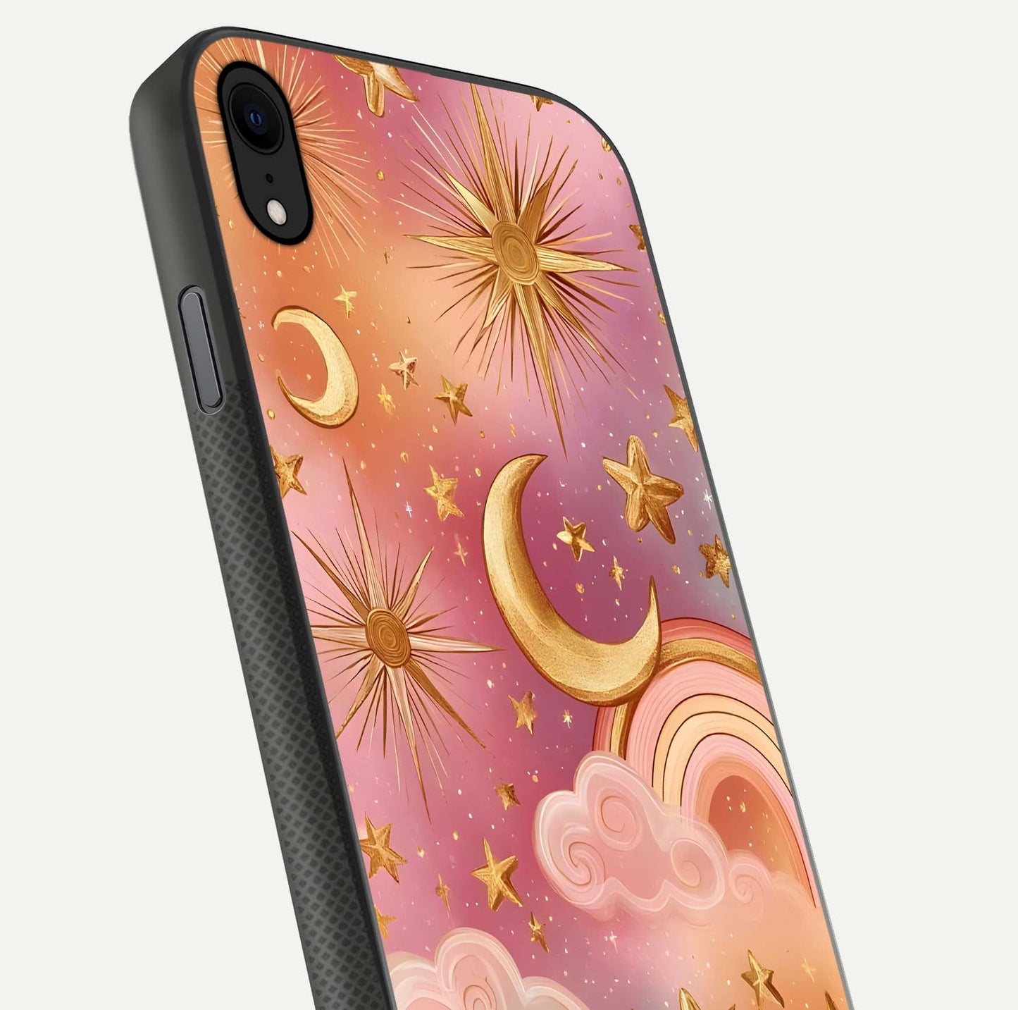Golden Celestial Dreams Glass Case for iPhone Xr close-up angled shot showing cosmic gold tones and reflection shine