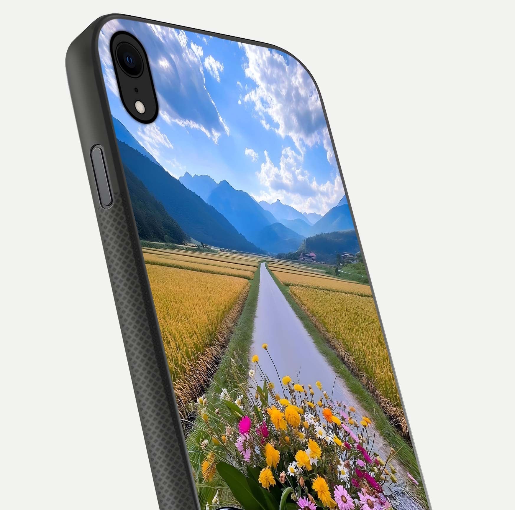 Golden Field Journey Glass Case for iPhone Xr close-up angled shot showing sunlight tones and reflection clarity