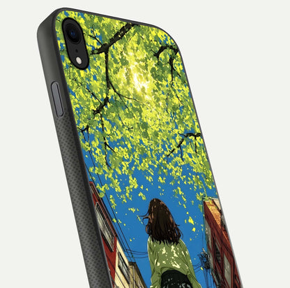 Golden Leaves Glow Glass Case for iPhone Xr close-up angled shot showing fine leaf texture and reflection shine