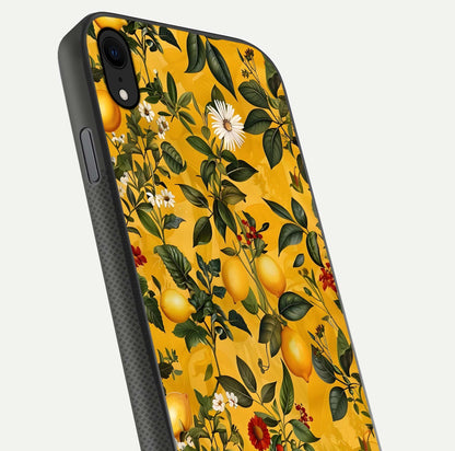 Golden Lemon Field Glass Case for iPhone Xr close-up angled shot showing citrus texture and reflection brilliance