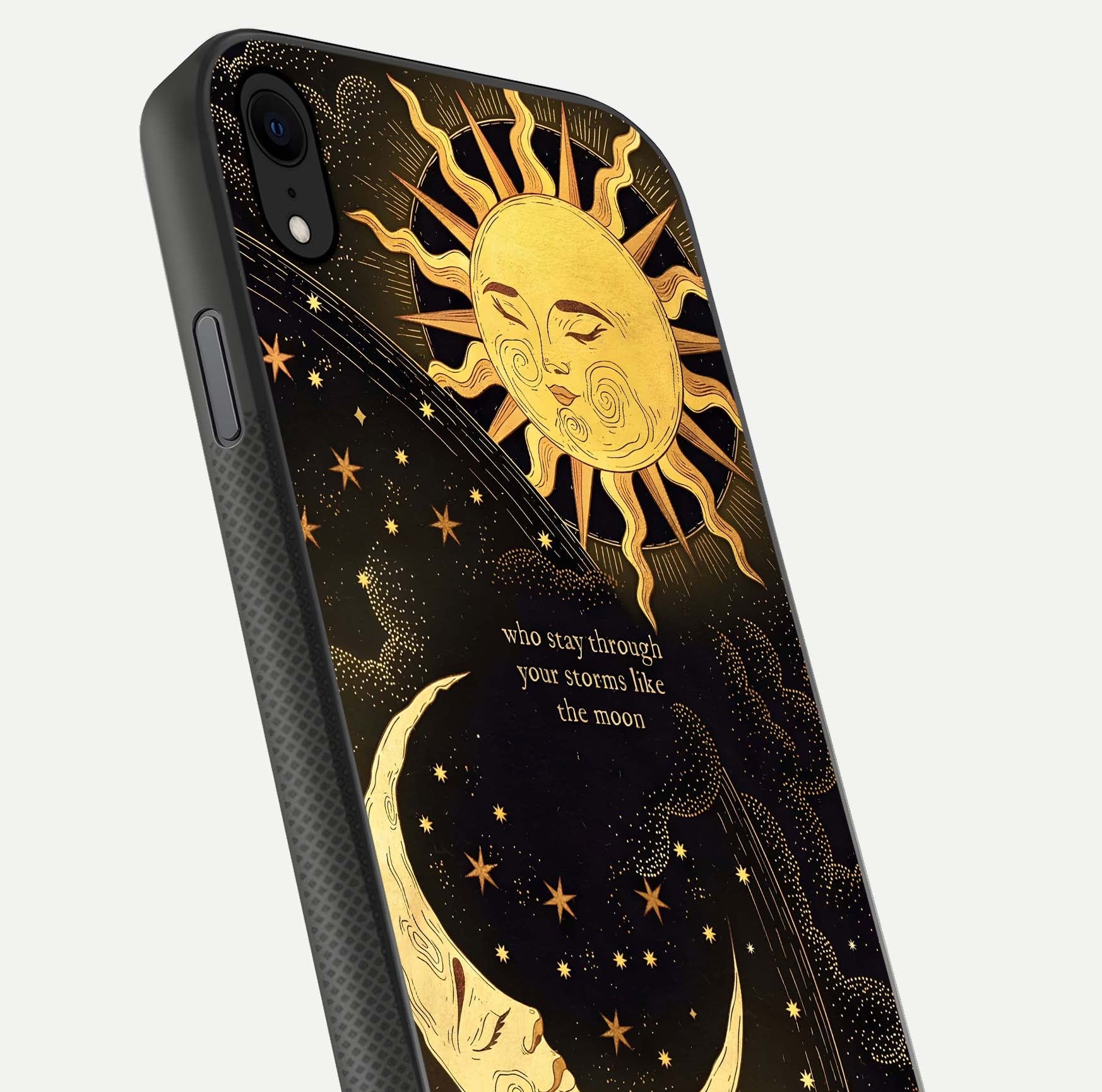 Golden Lunar Love Glass Case for iPhone Xr close-up angled shot showing moon glow, texture, and reflection polish