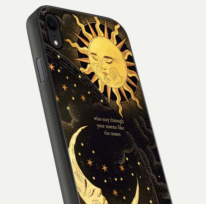 Golden Lunar Love Glass Case for iPhone Xr close-up angled shot showing moon glow, texture, and reflection polish