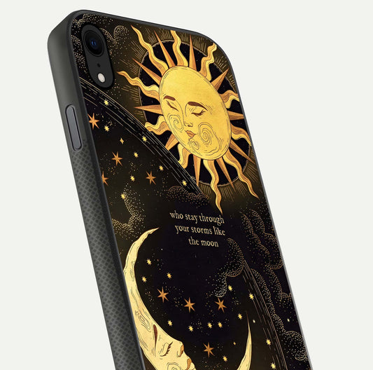 Golden Lunar Love Glass Case for iPhone Xr close-up angled shot showing moon glow, texture, and reflection polish