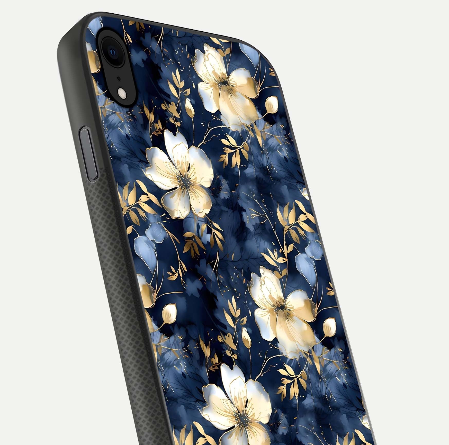 Golden Midnight Bloom Glass Case for iPhone Xr close-up angled shot showing floral detail and reflection shine