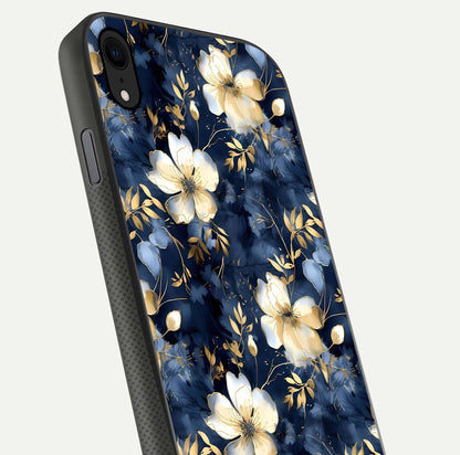 Golden Midnight Bloom Glass Case for iPhone Xr close-up angled shot showing floral detail and reflection shine