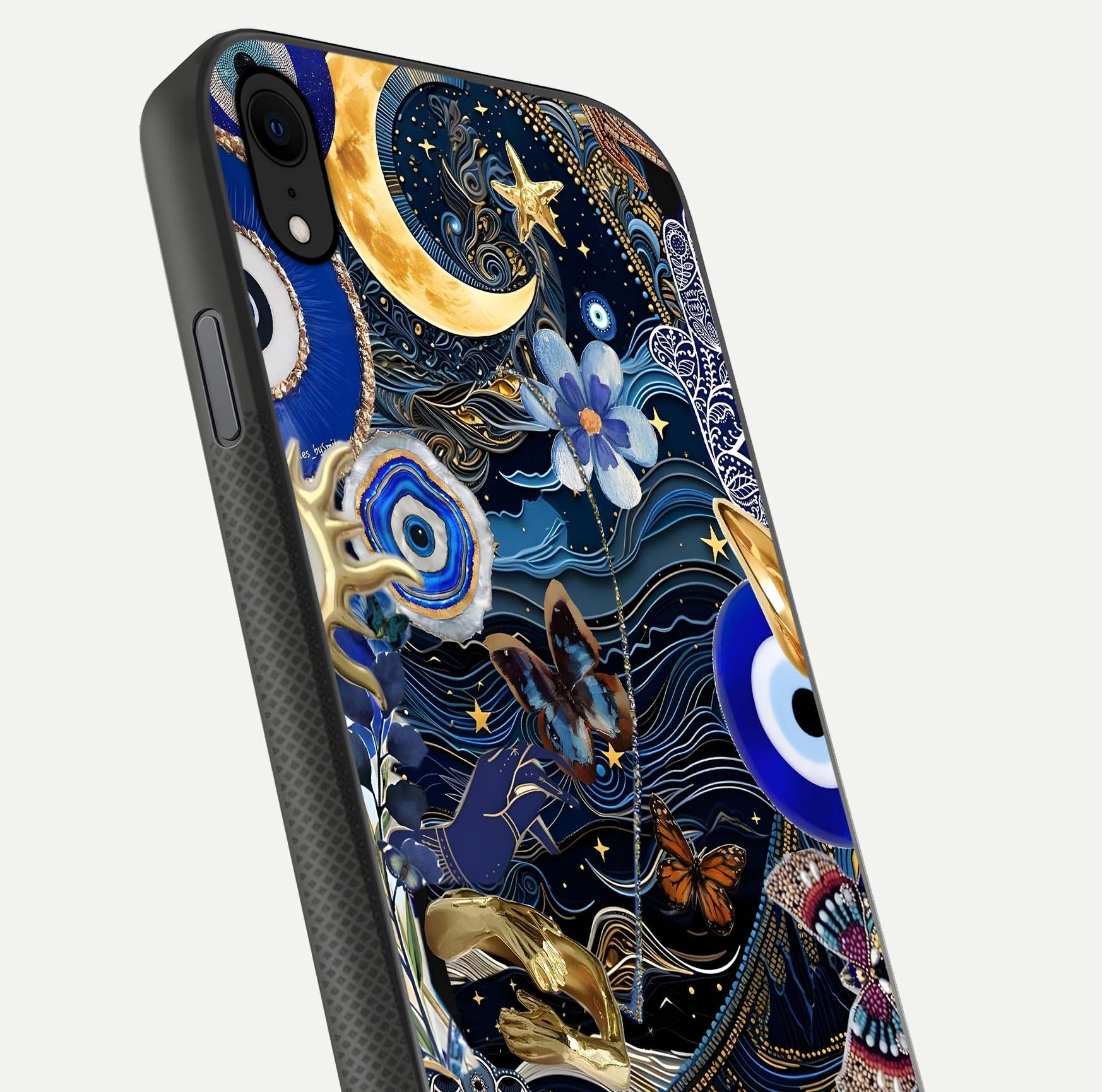 Golden Moon Magic Glass Case for iPhone Xr close-up angled shot showing lunar glow, star detail, and reflection brightness