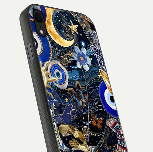 Golden Moon Magic Glass Case for iPhone Xr close-up angled shot showing lunar glow, star detail, and reflection brightness