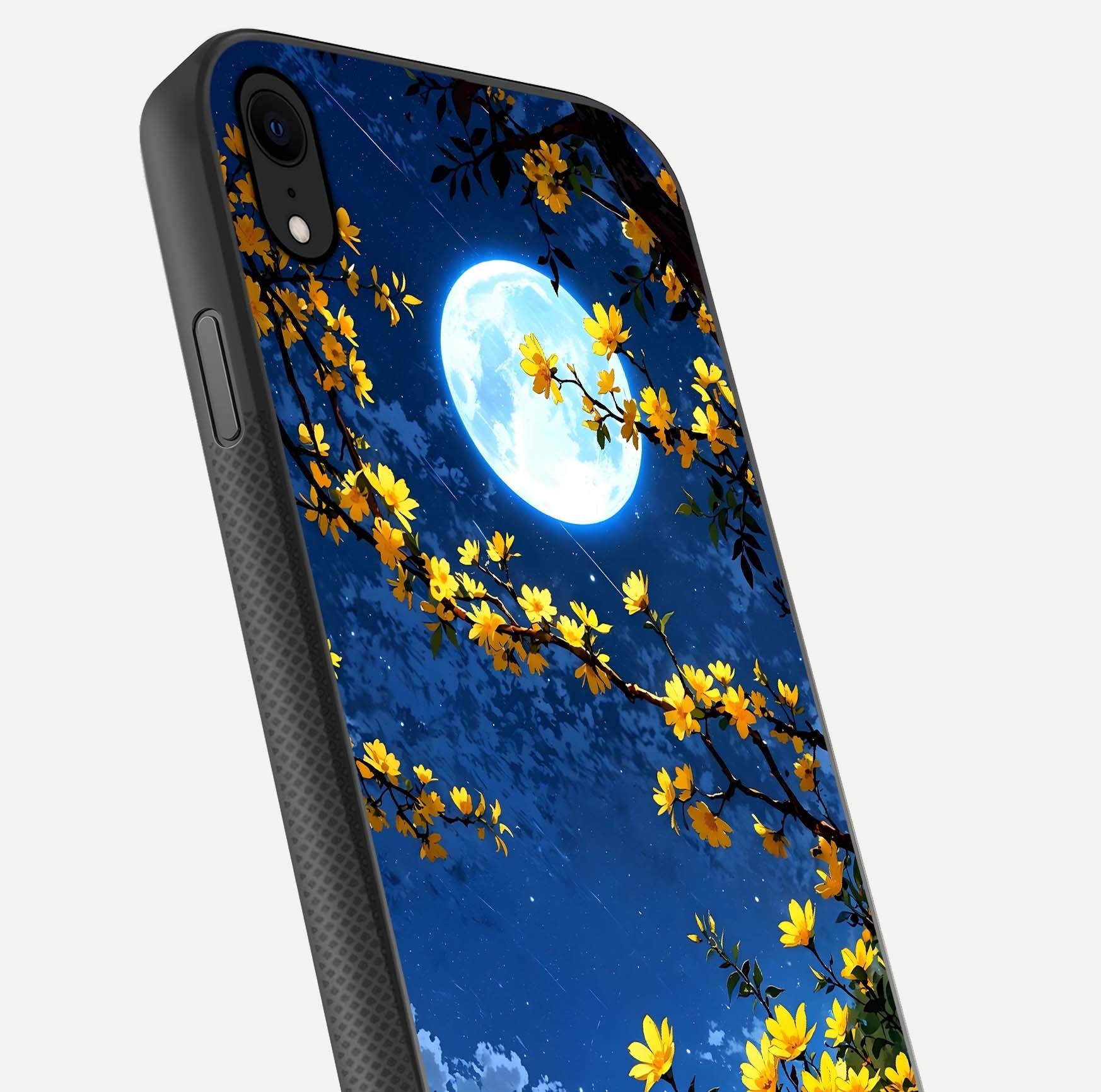 Golden Night Glow Glass Case for iPhone Xr close-up angled shot showing shimmer texture and light reflection