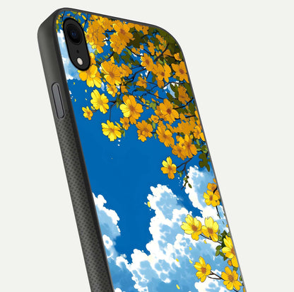 Golden Petal Sky Glass Case for iPhone Xr close-up angled shot showing petal texture and shine reflection