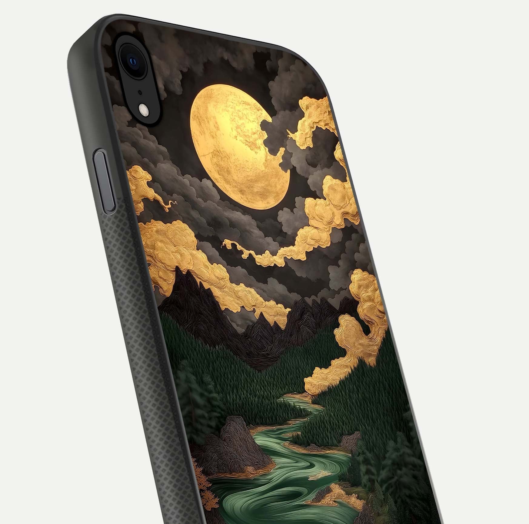 Golden River Moon Glass Case for iPhone Xr close-up angled shot showing moon reflection and water shine