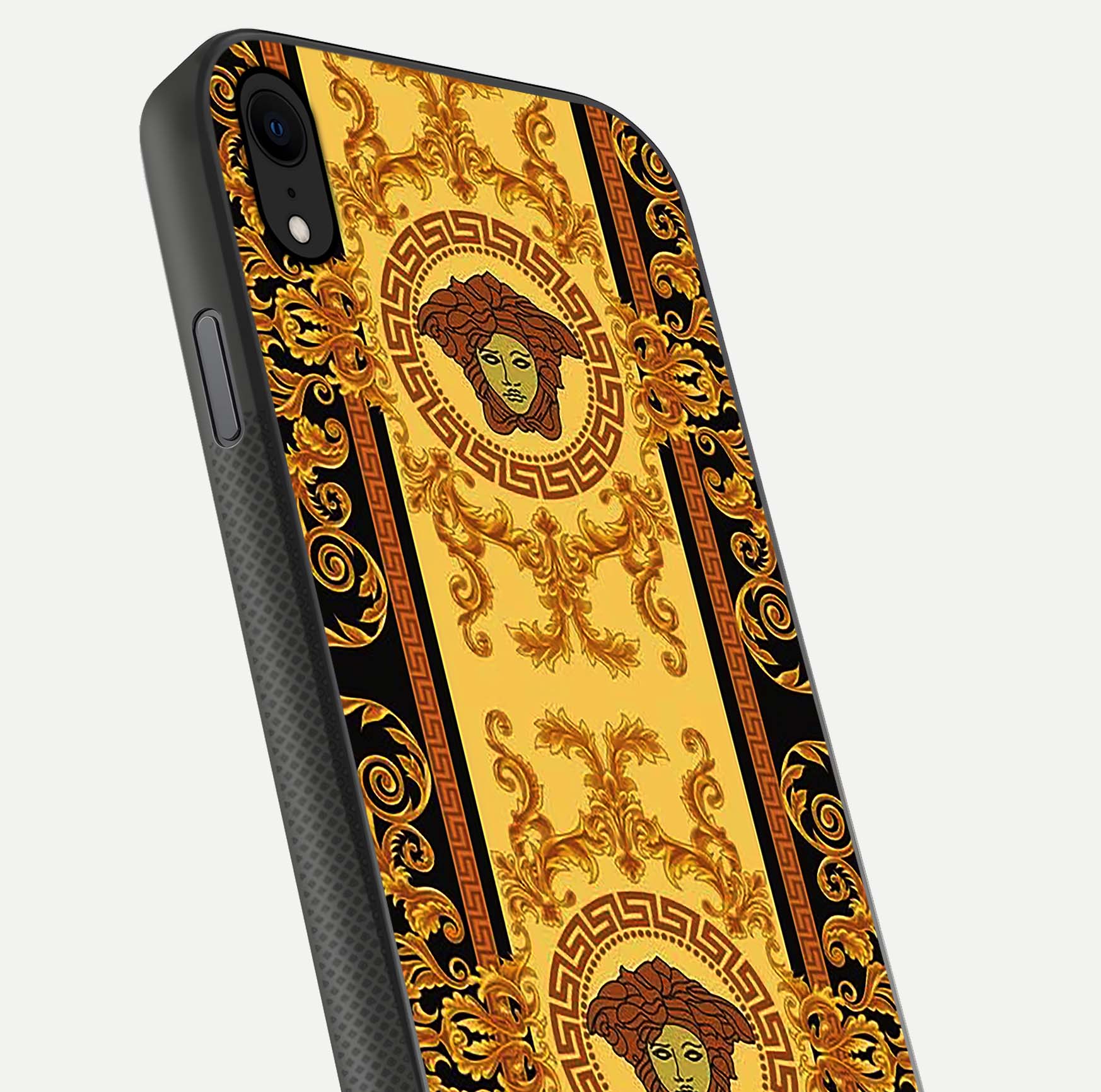 Golden Royal Heritage Glass Case for iPhone Xr close-up angled shot showing intricate design and metallic reflection