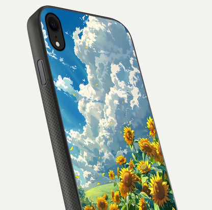 Golden Sun Glory Glass Case for iPhone Xr close-up angled shot showing sunlight reflection and gold detailing