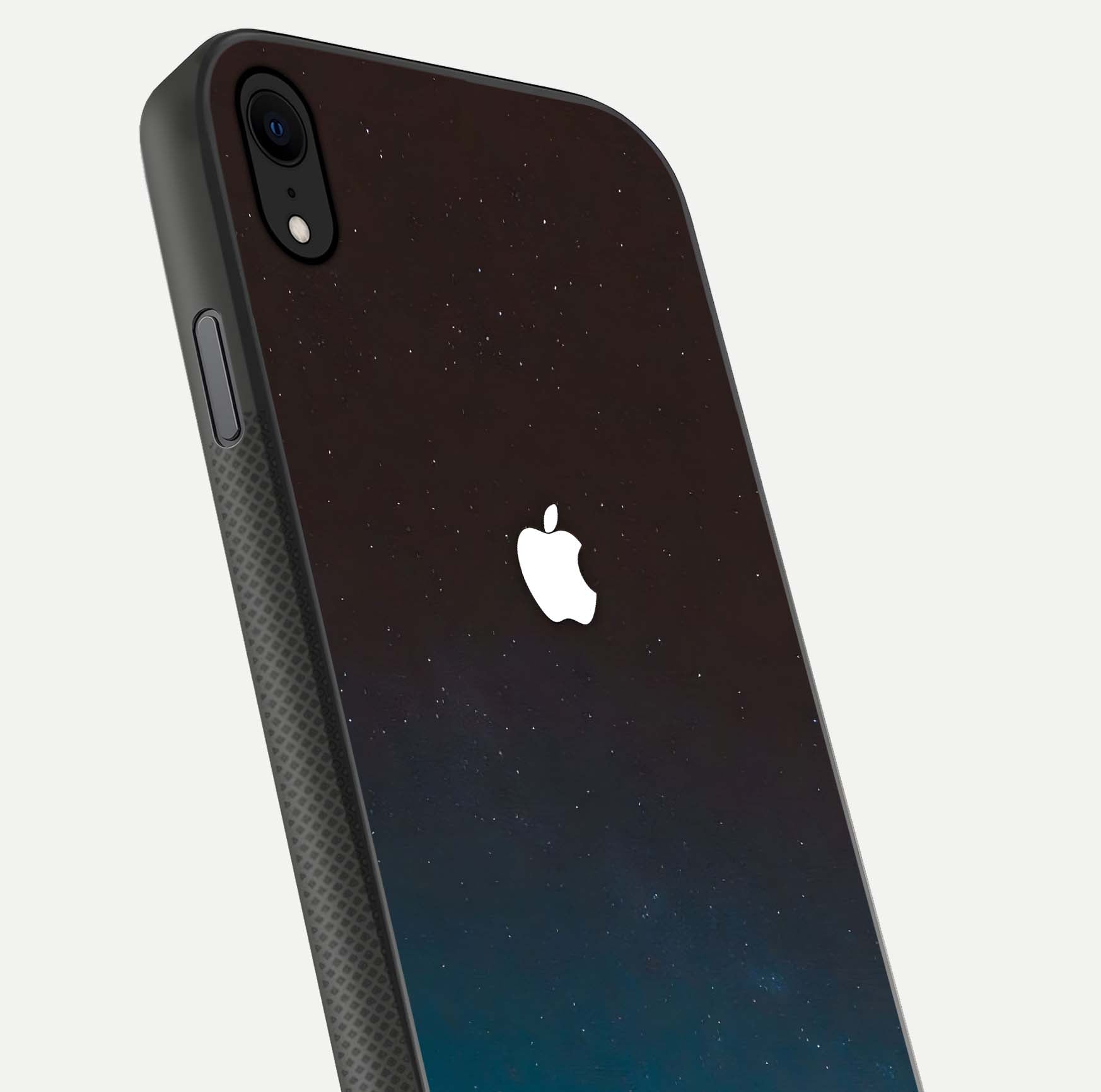 Green Emerald Apple Logo Glass Case for iPhone Xr close-up angled shot showing color depth and reflection clarity