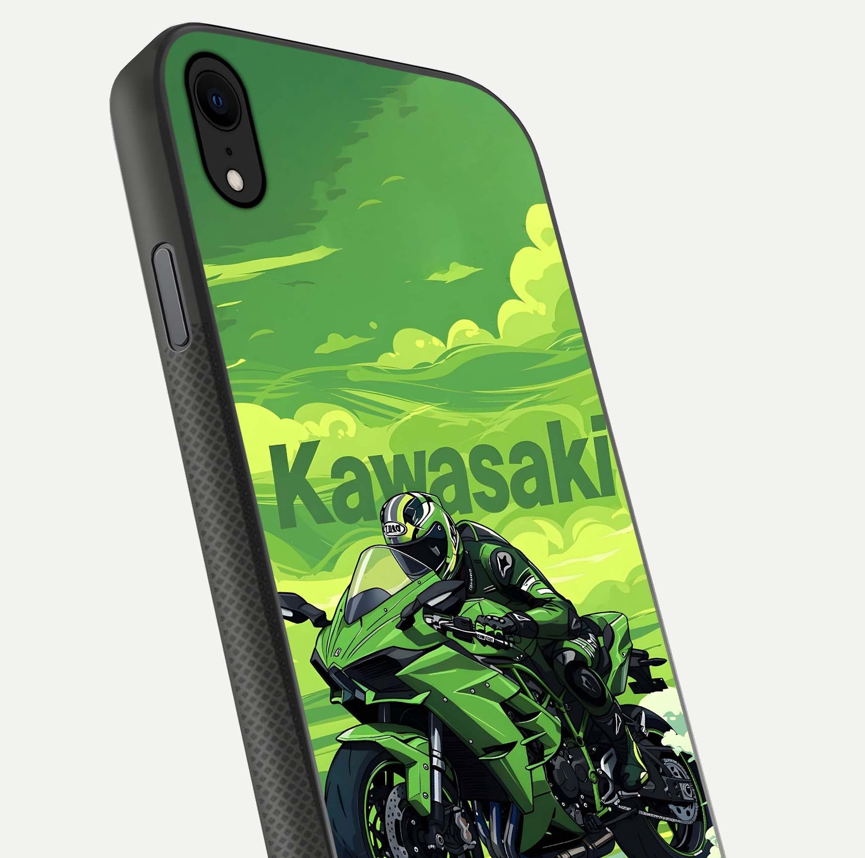 Green Kawasaki Glass Case for iPhone Xr close-up angled shot showing sporty line details and reflection shine