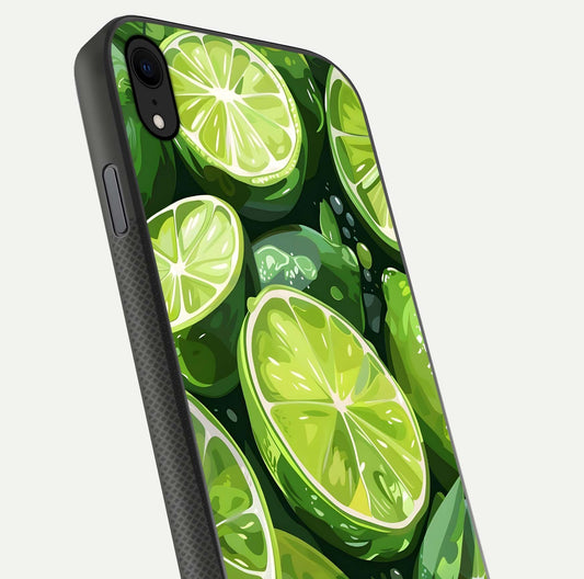 Green Lemon Glass Case for iPhone Xr close-up angled shot showing lemon slice texture and reflection brightness