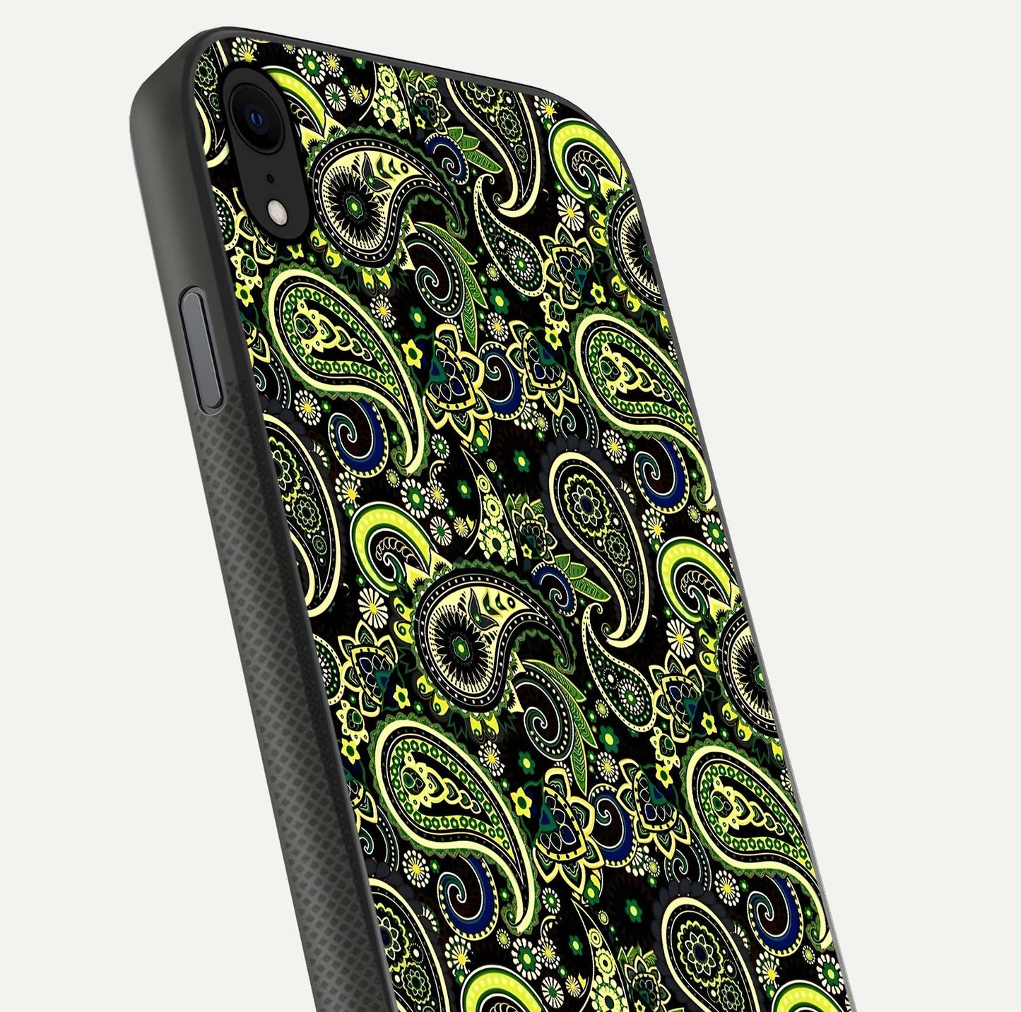 Green Mandala Pattern Glass Case for iPhone Xr close-up angled shot showing fine detailing and gold-green reflection