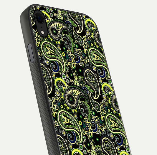 Green Mandala Pattern Glass Case for iPhone Xr close-up angled shot showing fine detailing and gold-green reflection