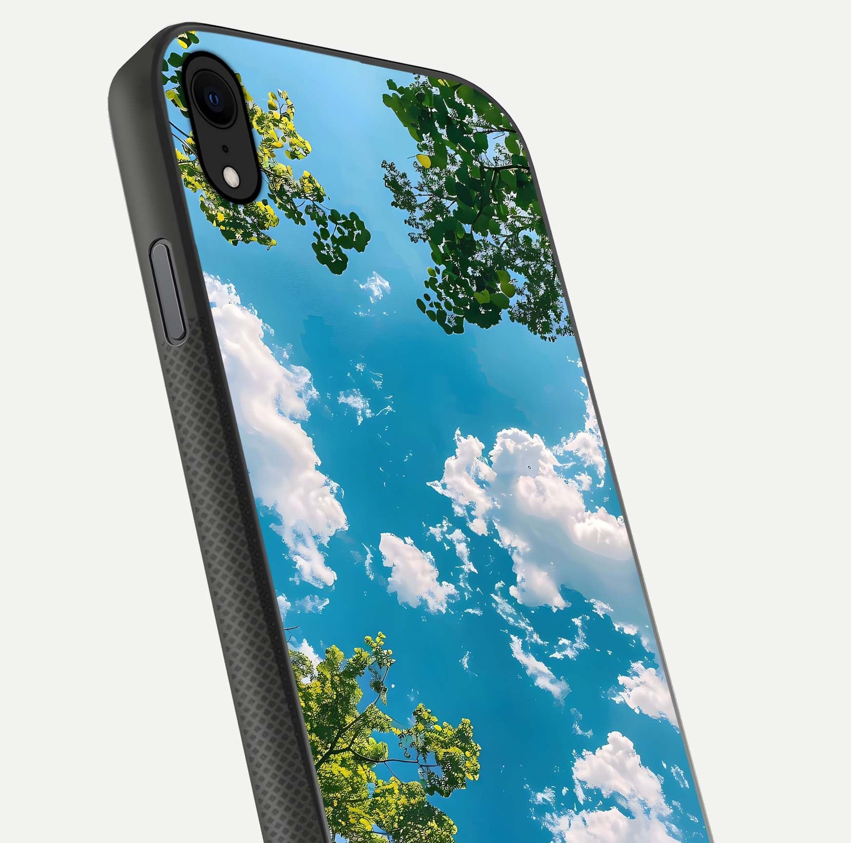 Greenery Sky Glass Case for iPhone Xr close-up angled shot showing leafy tones and reflection brightness
