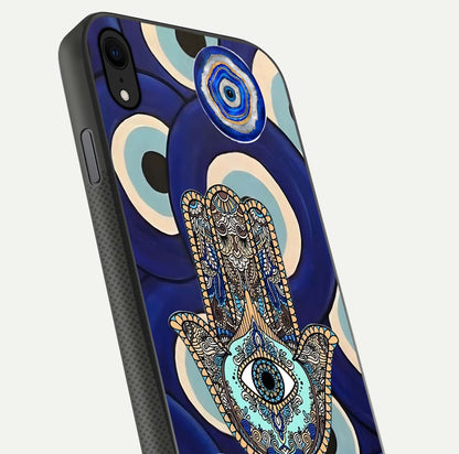 Hamsa Divine Guard Glass Case for iPhone Xr close-up angled shot showing detailed palm motif and reflection glow