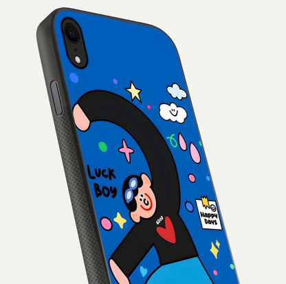 Happy Luck Vibe Glass Case for iPhone Xr close-up angled shot showing color details and reflection shine