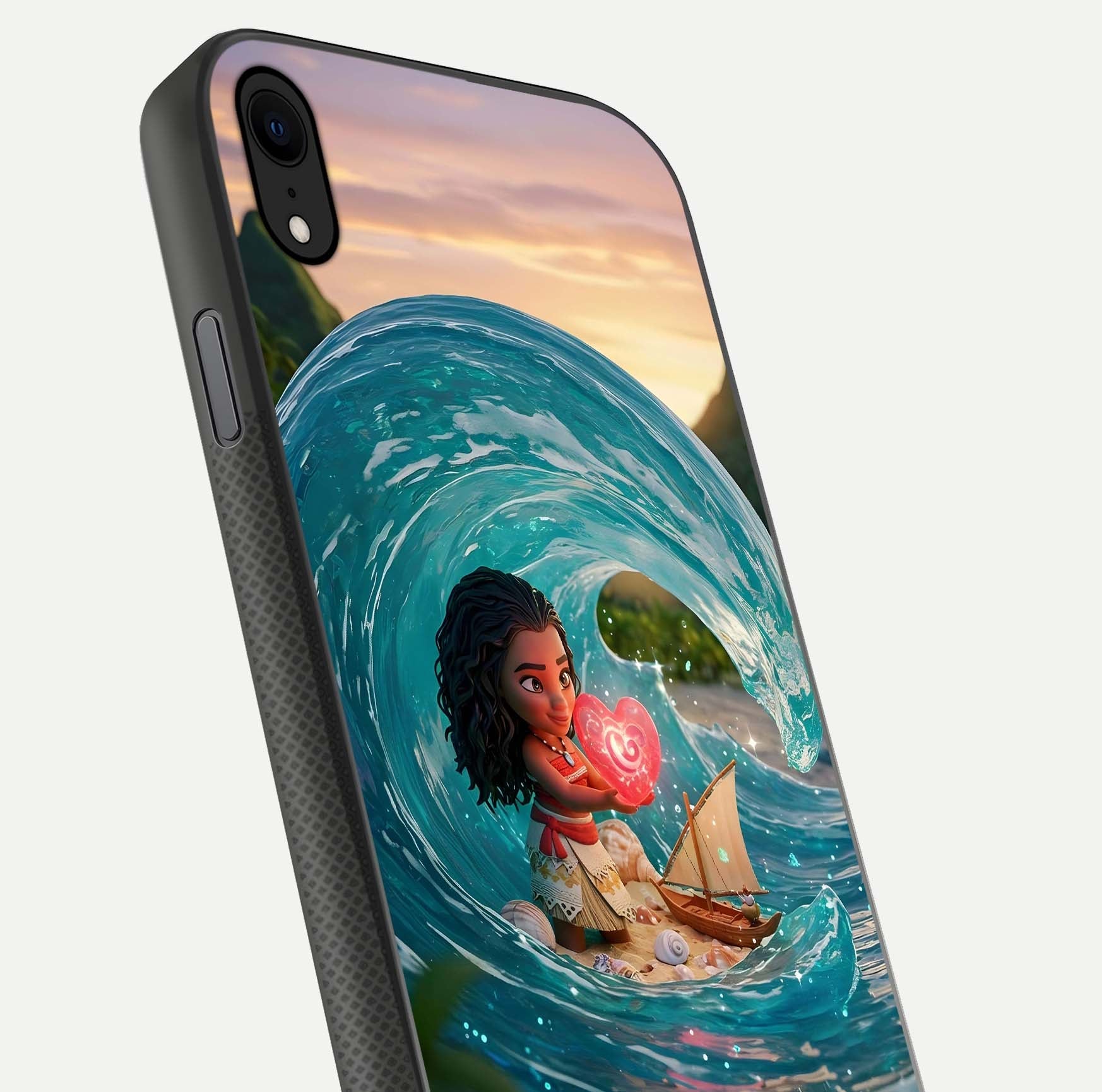 Heart of Ocean Glass Case for iPhone Xr close-up angled shot showing blue tones and reflection shine