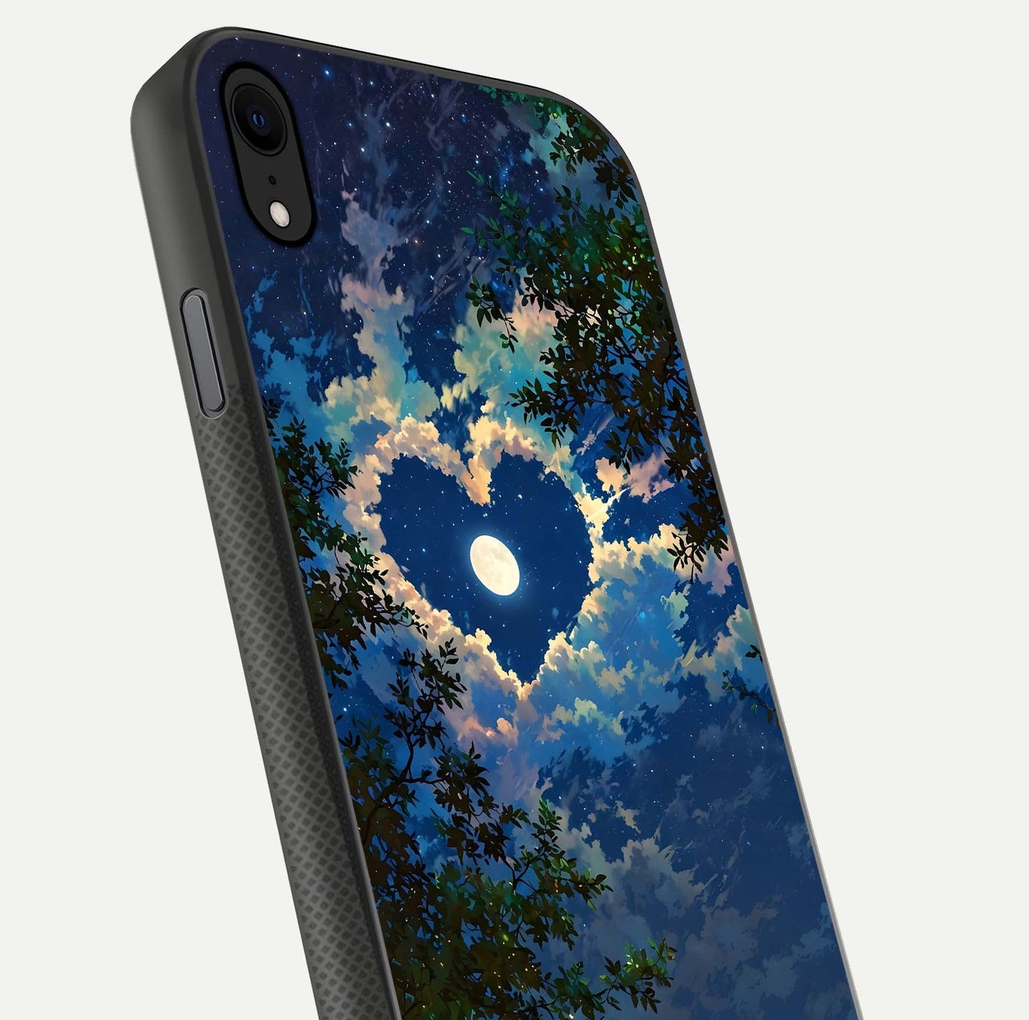 Heart with Moon Sky Glass Case for iPhone Xr close-up angled shot showing lunar reflection and shine detail
