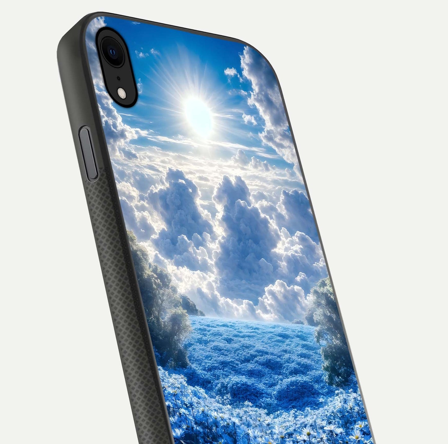 Heavenly Daisy Horizon Glass Case for iPhone Xr close-up angled shot showing daisy petal details and light reflection