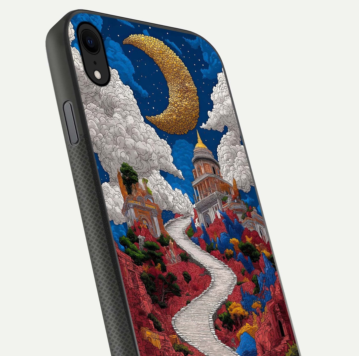 Heavenly Moon Path Glass Case for iPhone Xr close-up angled shot showing moon reflection and shimmer texture