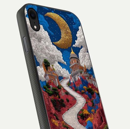 Heavenly Moon Path Glass Case for iPhone Xr close-up angled shot showing moon reflection and shimmer texture