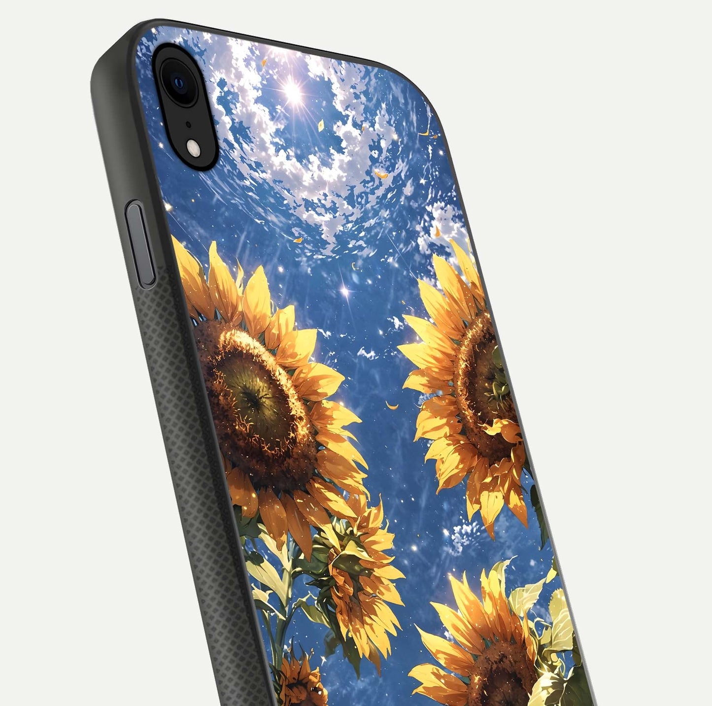 Heavenly Sunflower Rise Glass Case for iPhone Xr close-up angled shot showing sunflower texture and reflection polish