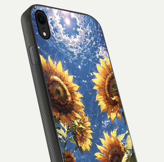 Heavenly Sunflower Rise Glass Case for iPhone Xr close-up angled shot showing sunflower texture and reflection polish