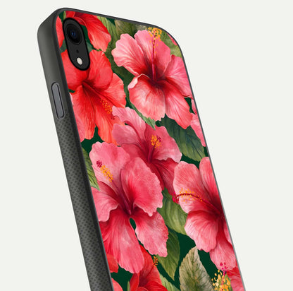 Hibiscus Pattern Glass Case for iPhone Xr close-up angled shot showing flower details and gloss reflection