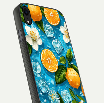 Ice Cube With Orange Glass Case for iPhone Xr close-up angled shot showing orange slices and ice reflections