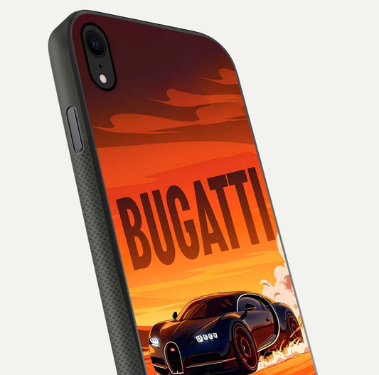 Inferno Bugatti Storm Glass Case for iPhone Xr close-up angled shot showing flame details and reflection shine
