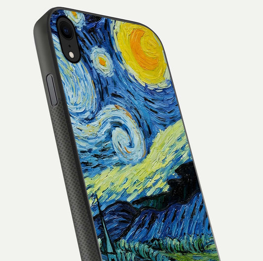 Inspired Van Gogh Art Glass Case for iPhone Xr close-up angled shot showing brushstroke texture and shine detail