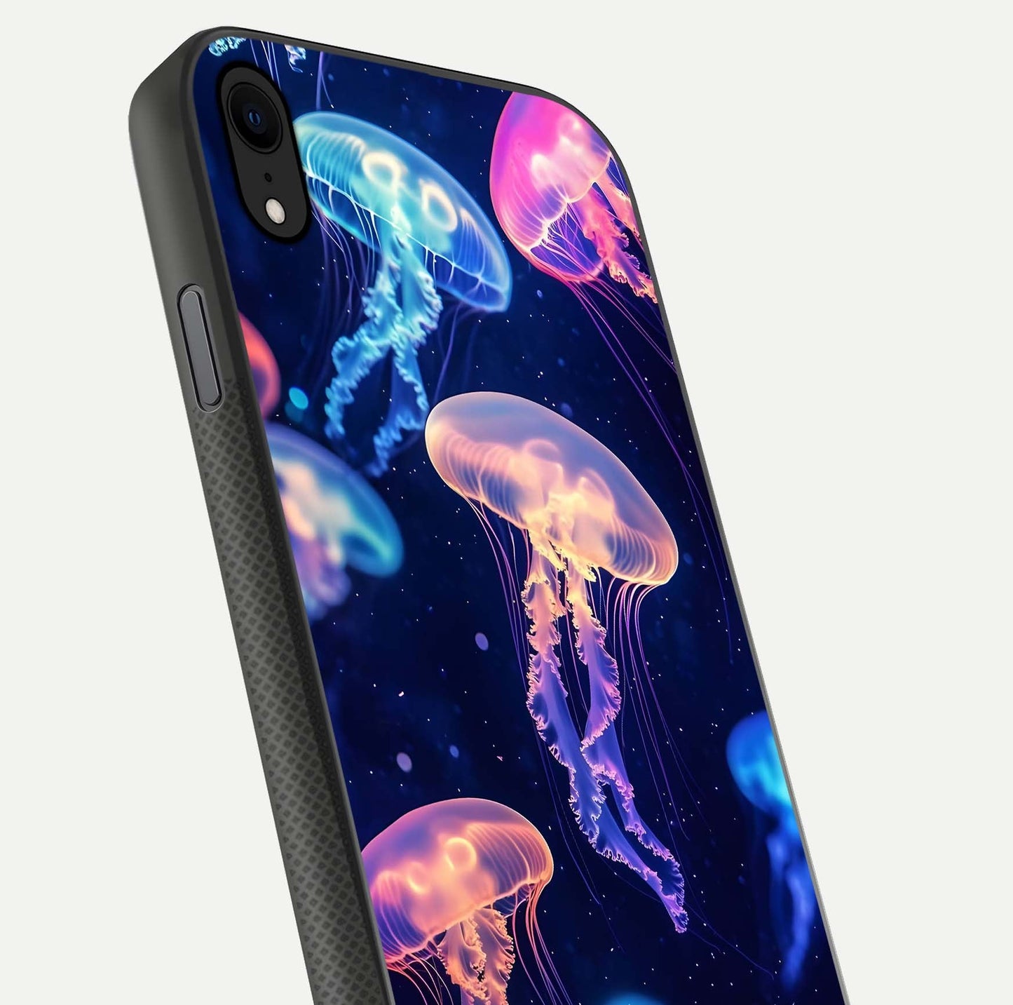 Jellyfish Pattern Glass Case for iPhone Xr close-up angled shot showing translucent tentacles and light reflection