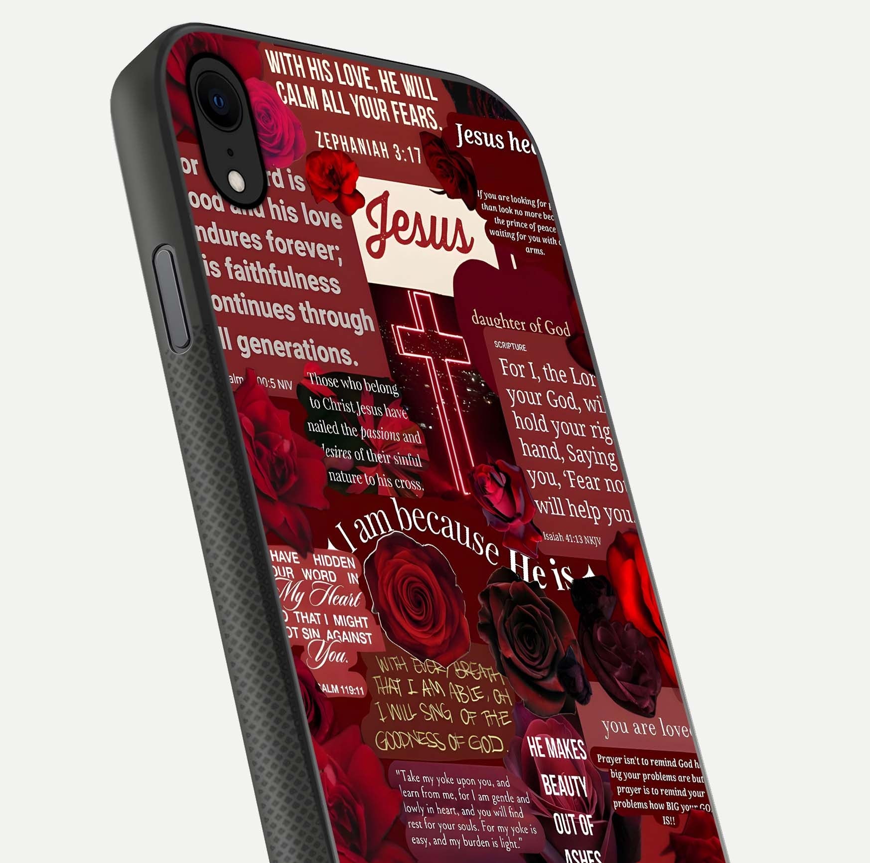 Jesus Love Heals Glass Case for iPhone Xr close-up angled shot showing healing text, cross detailing, and reflection