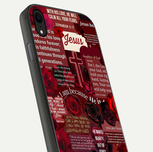 Jesus Love Heals Glass Case for iPhone Xr close-up angled shot showing healing text, cross detailing, and reflection
