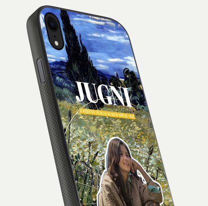 Jugni Soul Vibes Glass Case for iPhone Xr close-up angled shot showing typography detail and vibrant gloss reflection