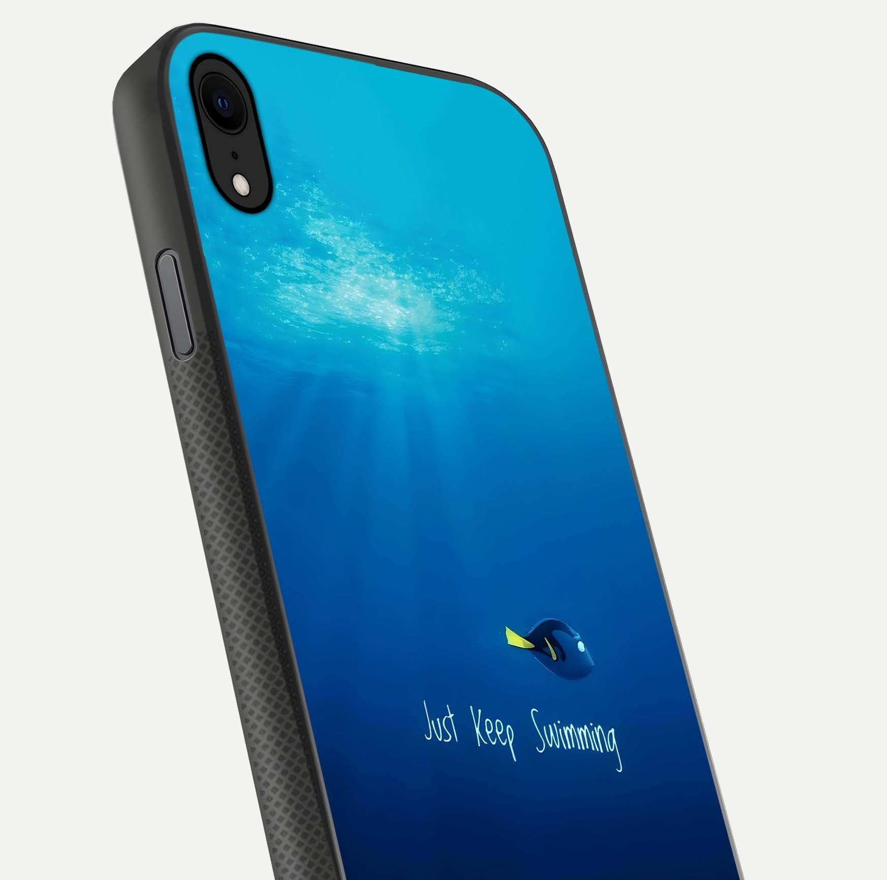 Just Keep Swimming Glass Case for iPhone Xr close-up angled shot showing elegant lettering and blue tone reflection