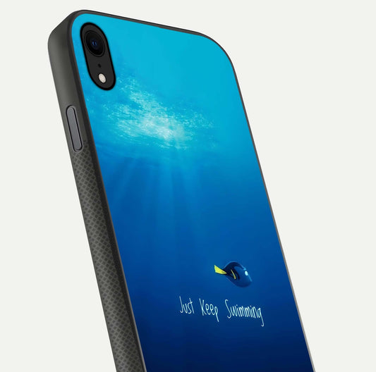 Just Keep Swimming Glass Case for iPhone Xr close-up angled shot showing elegant lettering and blue tone reflection