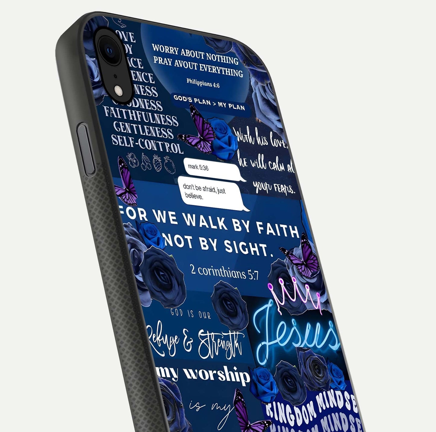 Kingdom Faith Glow Glass Case for iPhone Xr close-up angled shot showing luminous text and divine reflection