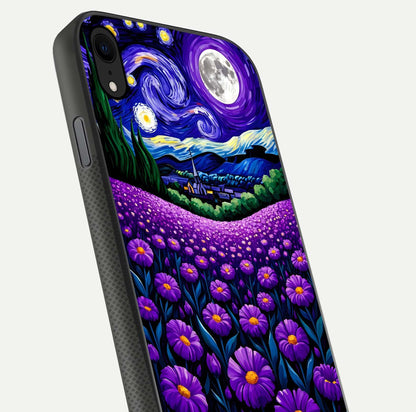 Lavender Moon Field Glass Case for iPhone Xr close-up angled shot showing moon glow and purple detailing