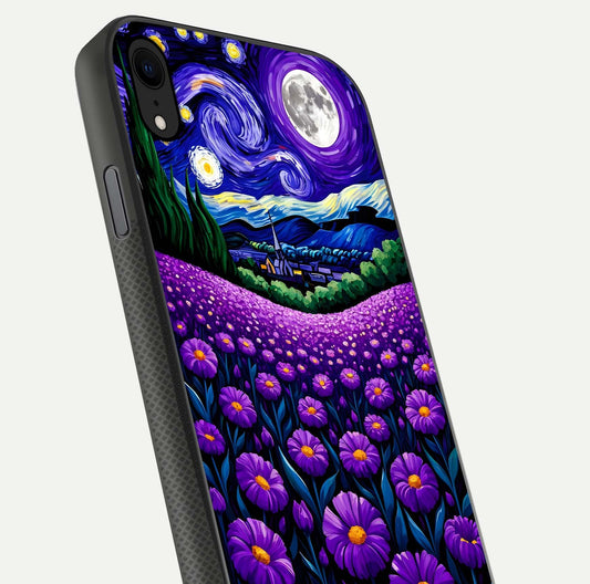 Lavender Moon Field Glass Case for iPhone Xr close-up angled shot showing moon glow and purple detailing