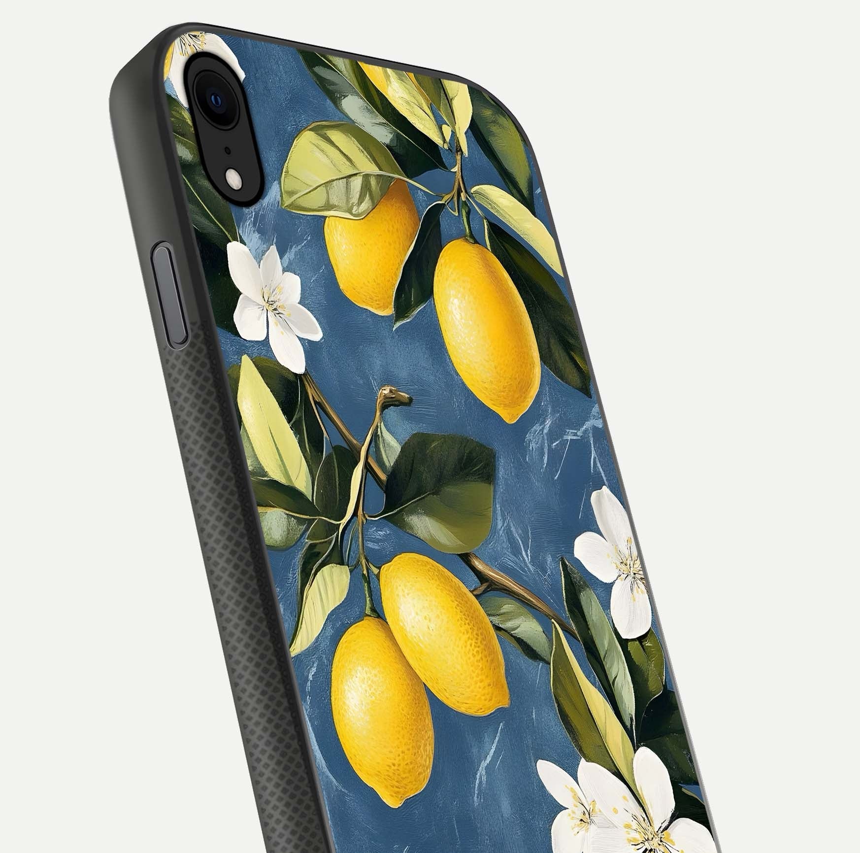 Lemon Dream Garden Glass Case for iPhone Xr close-up angled shot showing fruit details and shine reflection