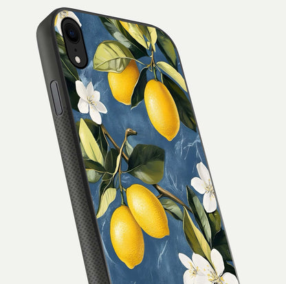 Lemon Dream Garden Glass Case for iPhone Xr close-up angled shot showing fruit details and shine reflection