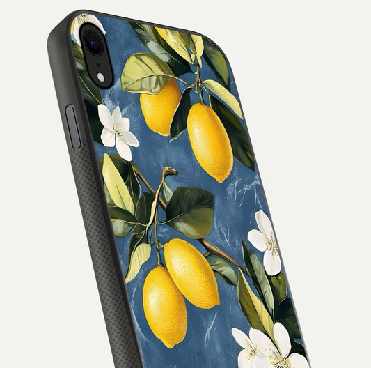 Lemon Dream Garden Glass Case for iPhone Xr close-up angled shot showing fruit details and shine reflection