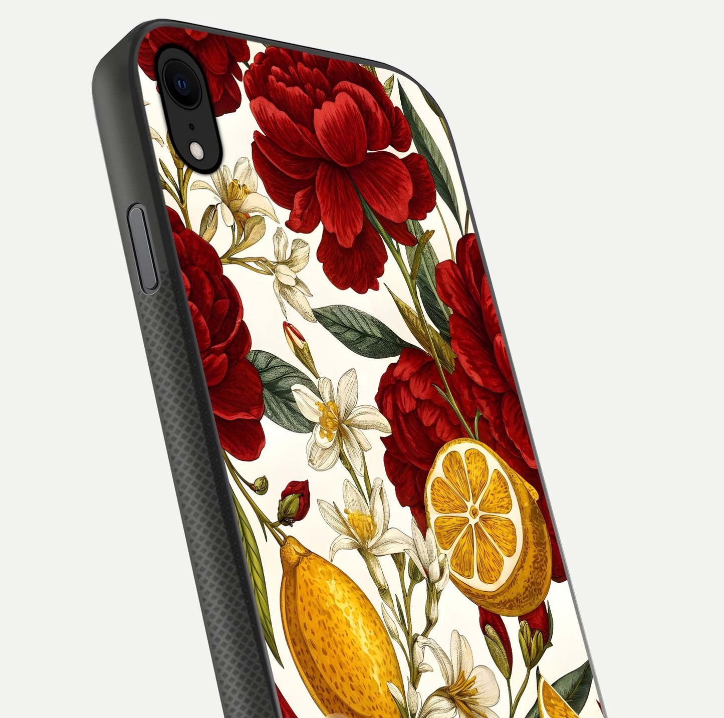 Lemon Rose Charm Glass Case for iPhone Xr angled close-up showing vivid rose details and HD glass reflection